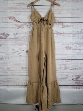 VICI Women’s Size Small Boho Wide-Leg Jumpsuit – Tan Ruffle Hem Summer Outfit